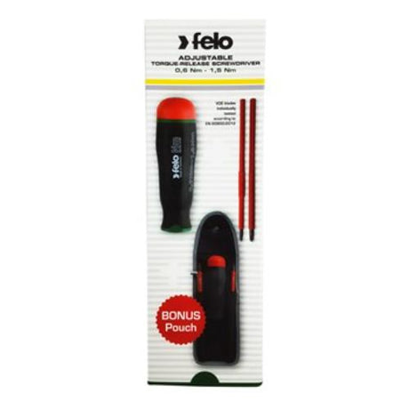 Felo Nm Torque Screwdriver Kit with handle, 2 blades, and pouch for precise torque adjustments from 0.6 to 1.5Nm.