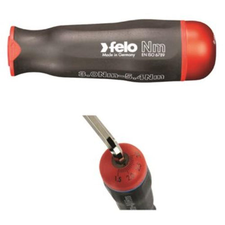 Felo Torque Screwdriver Handle 3.0-5.4Nm with ergonomic design, color-coded adjustments, and precision black tip for torque control.