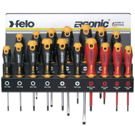Felo 400 Series Ergonic Screwdriver Set with 18 pieces, featuring ergonomic handles and precision black tips for various tasks.