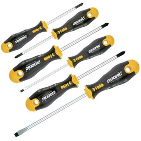 Felo 400 Series Ergonic Screwdriver Set (6pc) with ergonomic handles, anti-roll design, and precision tips for increased torque and efficiency.
