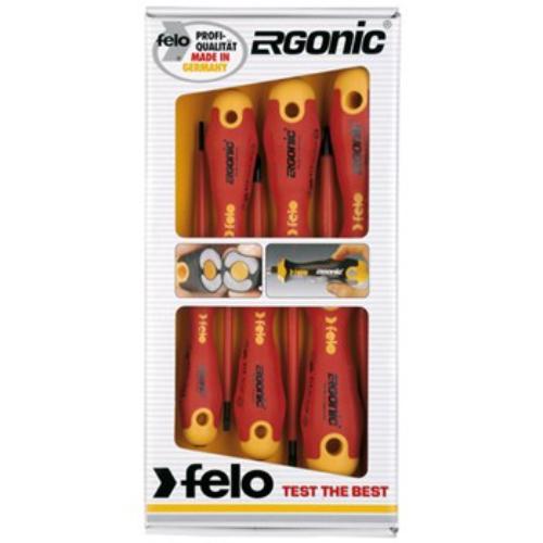 6-piece Felo 413 Series insulated screwdriver set featuring ergonomic design, VDE certification, and anti-roll handles.