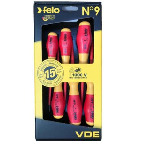 Felo 913 Screwdriver Set: 6 VDE insulated tools with ergonomic grips and durable chrome-vanadium steel blades for safe electrical work.