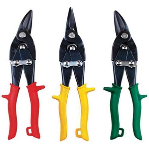 AmPro Aviation Tin Snip Straight with yellow handle, designed for cutting up to 1.2mm steel, featuring ergonomic grip and safety lock.