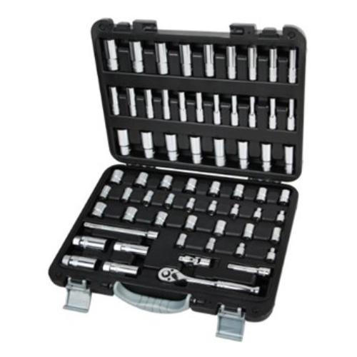 Comprehensive 64-piece AmPro socket set with metric and SAE sockets, ratchet, and spark plug sockets in a durable carry case.