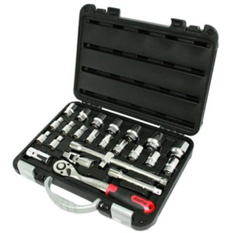 AmPro 24-piece 1/2" drive metric socket set with ratchet, universal joint, and spark plug socket in a sturdy carry case.