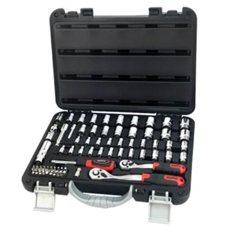 68-piece AmPro socket set with 1/4" & 3/8" ratchets, includes metric/imperial sockets, bits, and durable blow-molded case.