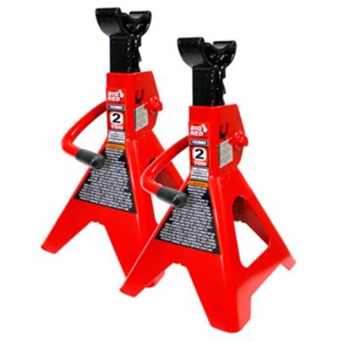 Heavy-duty Torin Big Red T410001 Axle Stand supports 10 tons, with adjustable height and double locking for safety.