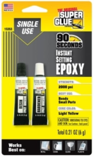 Hobby Glue 90sec Epoxy pack, perfect for quick repairs and crafting, bonds wood, metal, ceramics, and plastics.