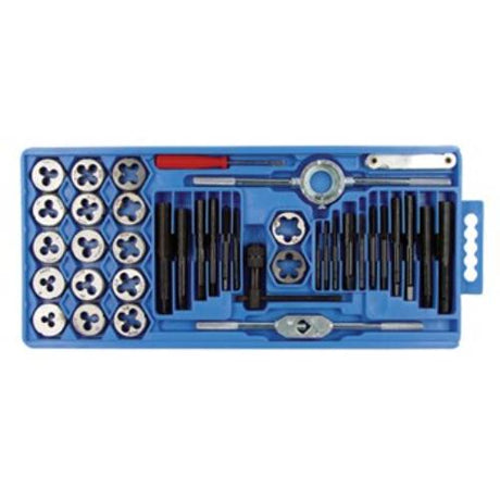 40-piece Worldwide Tap & Die Set featuring various UNC/UNF sizes and essential tools in a sturdy plastic case.