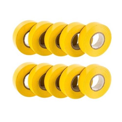 Bright yellow PVC insulation tape, 10 rolls of 20m x 18mm, perfect for electrical projects and durable insulation.