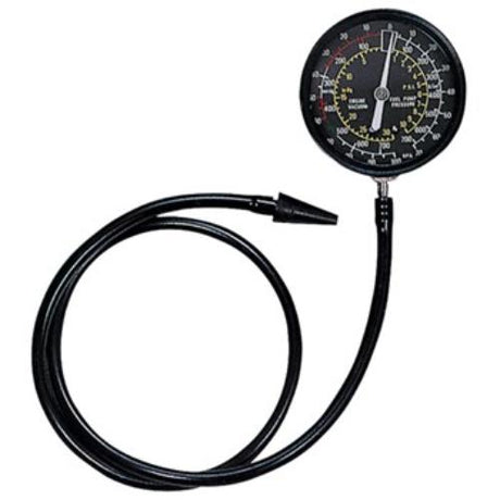 AmPro Vacuum & Fuel Pump Tester with 64mm dial, flexible hose, and adaptors for diagnosing fuel and vacuum system issues.