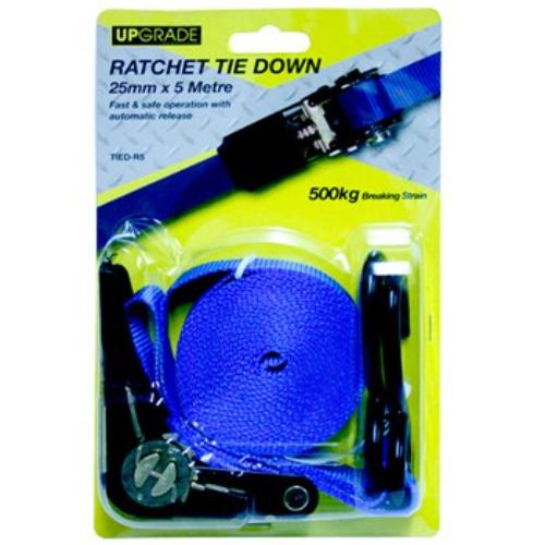 Heavy-duty 25mm x 5m ratchet tie down strap with 500kg strength for securing motorcycles, trucks, and boats during transport.