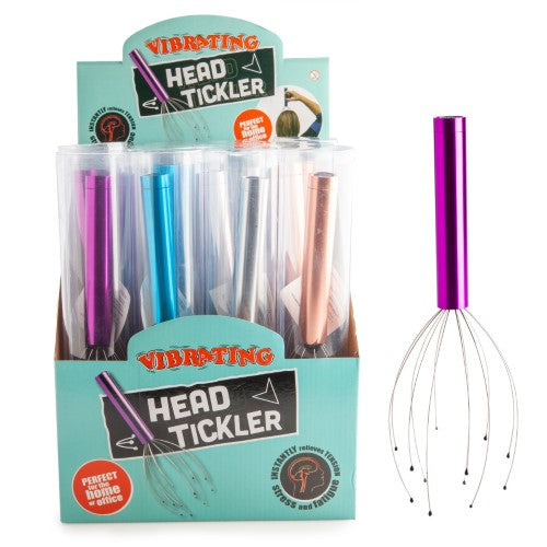 Set of 12 battery-operated vibrating head ticklers in assorted colors for instant stress relief and relaxation.