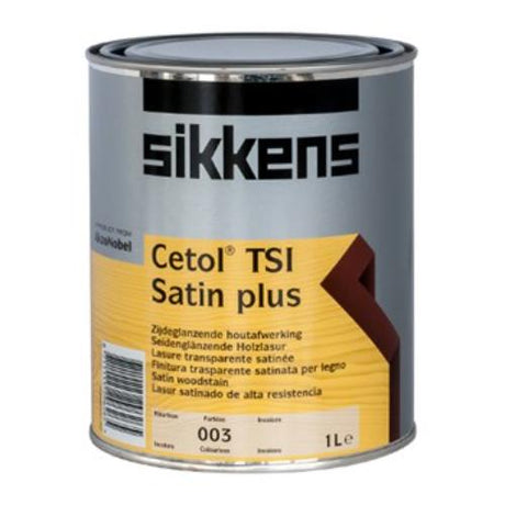 Sikkens Tsi Satin Plus 1L varnish offers a clear satin finish, enhancing wood grain while providing moisture protection.