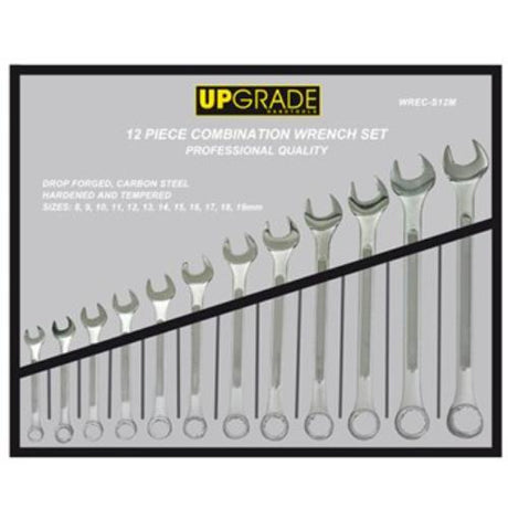 Upgrade WSWRC-CM120 12-piece combination wrench set from 8mm to 19mm, made of durable carbon steel with polished ends.