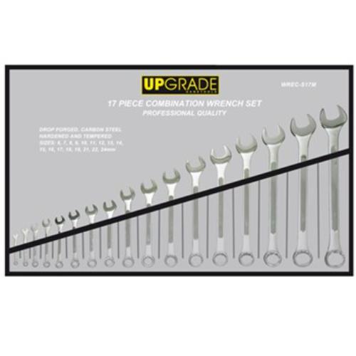 Upgrade WSWRC-CM170 17pc combination wrench set, durable carbon steel, 6-24mm sizes, polished for corrosion resistance.