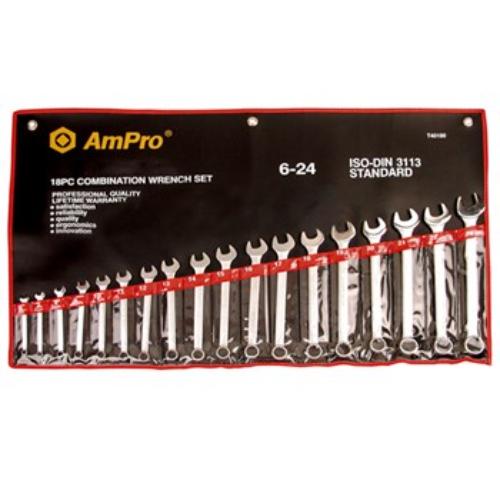 AmPro T40195 Combination Wrench Set featuring 16 pieces with satin chrome finish and thin-wall design for tight access.