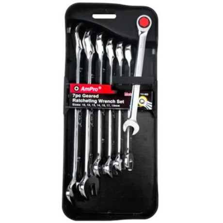 AmPro 7-piece geared wrench set with mirror finish, 72-tooth design, includes sizes 10-19mm, made from durable Chrome Vanadium steel.