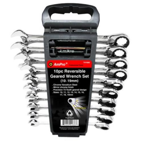 AmPro 10-piece reversible geared wrench set, chrome vanadium steel, mirror finish, 72-tooth, for tight spaces.