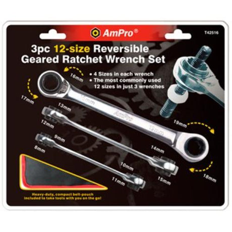 AmPro Double Geared Wrench Set, 3pc, precision-engineered with thin heads for tight spaces, includes sizes 8x9, 10x11, 12x13, 14x15.