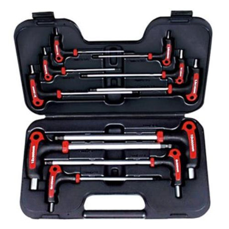 AmPro T-Handle Hex Wrench Set with 10 pieces, featuring ergonomic handles and ball ends for tight space access and comfort.