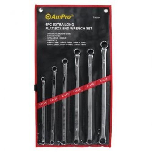 AmPro Double Box End Wrench Set: 6 extra-long wrenches in chrome vanadium steel for improved leverage and durability.