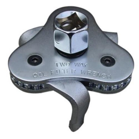 AmPro reversible 3 jaw oil filter wrench, fits 64-102mm filters, durable chrome finish, ideal for easy oil changes.