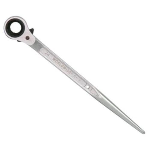 Worldwide RH1719 Spud Ratchet Wrench with 17mm and 19mm sockets, 315mm long, features ratchet mechanism and tapered spike for alignment.