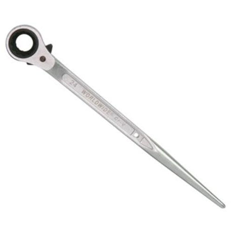 Worldwide RH1924 Spud Ratchet Wrench with 19mm and 24mm sockets, 315mm length, ideal for automotive and plumbing tasks.