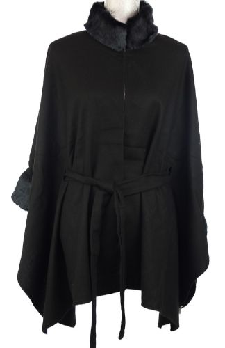 Cape Fur Collar With Belt Tie - Black