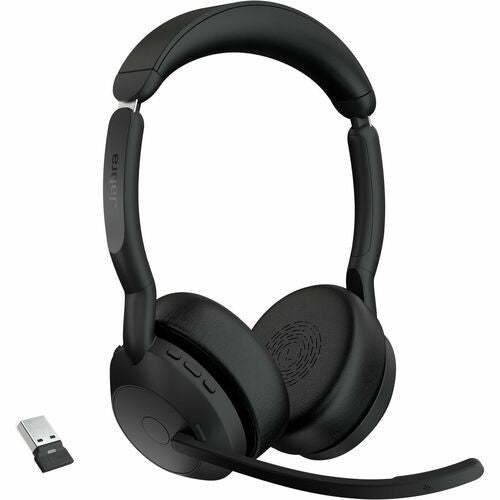 Jabra Evolve2 55 headset with noise-cancelling mic, dual connectivity, and Air Comfort tech for remote work and meetings.