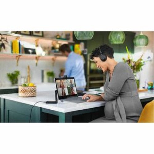 Jabra Evolve2 55 headset with noise-cancelling mic, Bluetooth adapter, and ANC for clear calls and comfortable use.