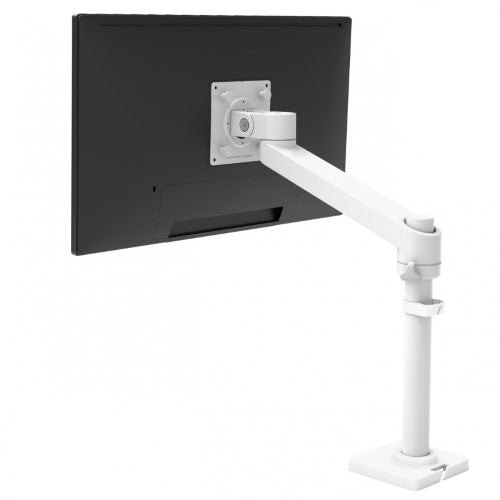 Ergotron NX Monitor Arm in white, designed for optimal ergonomic adjustment of single monitors up to 34", enhancing workspace organization.