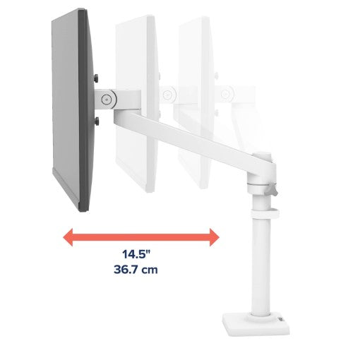 Ergotron NX Monitor Arm in white, supporting single monitors up to 34", with adjustable tilt, pan, and 360-degree rotation.