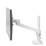 Ergotron NX Monitor Arm in white, elevating monitors up to 34", offering ergonomic adjustments and a sleek design for better workspace organization.