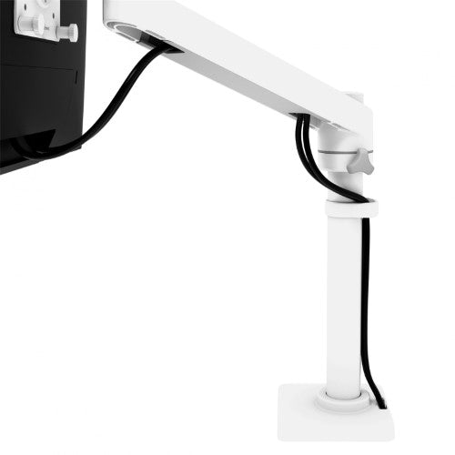 Ergotron NX Monitor Arm in white, elevating a single monitor up to 34" for enhanced comfort and workspace organization.