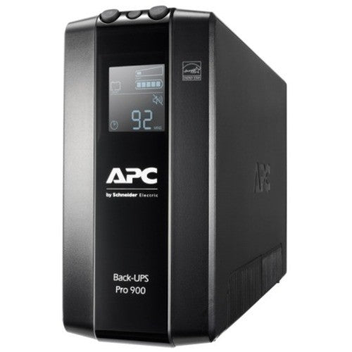 APC Back-UPS Pro BR900MI: 900VA tower UPS with AVR, LCD display, 2.5-min runtime, 6 outputs, and surge protection.