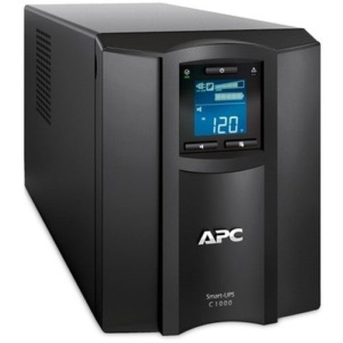 APC Smart-UPS C 1000VA tower UPS with LCD, hot-swappable batteries, 9.20 minutes backup, and SmartConnect for remote monitoring.