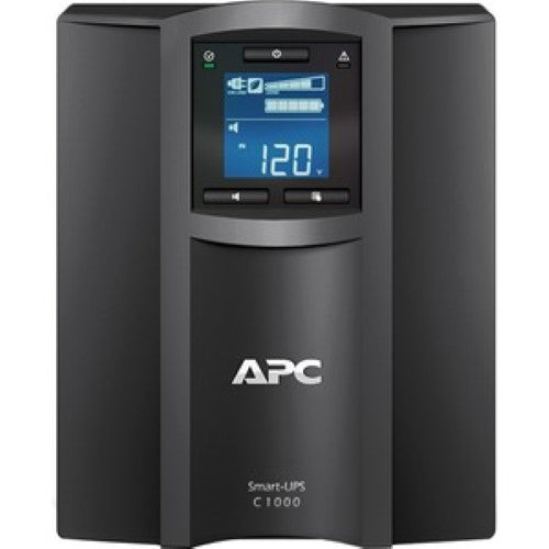 APC Smart-UPS C 1000VA with LCD, protecting devices during outages with 9.20 min backup, remote monitoring, and 8 outlets.