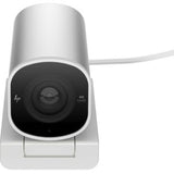 HP 960 4K Streaming Webcam showing a sleek design, 8MP resolution, 60 fps, USB 3.0, and built-in microphone for streaming.