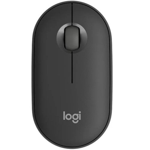 Logitech Pebble Mouse 2 M350s in Tonal Graphite, eco-friendly, wireless, 4000 DPI, compact design with silent clicking.