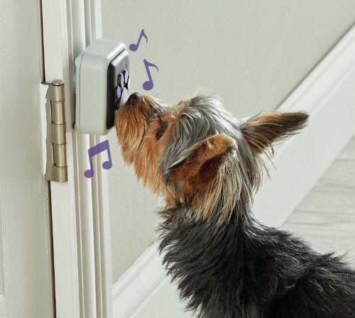 Talking pet doorbell with 2-in-1 design, customizable sounds, easy installation, enhancing pet communication and bond.