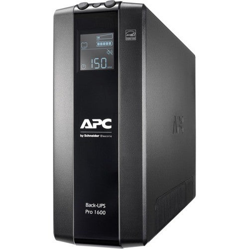 APC Back-UPS Pro BR1600MI tower UPS with 8 outlets, AVR, LCD display, and 2.60 min battery backup for power protection.