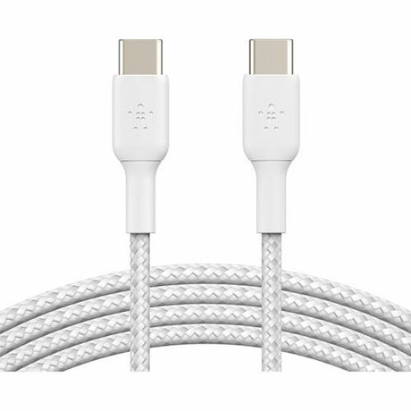 Braided white USB-C to USB-C cable by Belkin, 1m long, designed for fast charging and data transfer between devices.