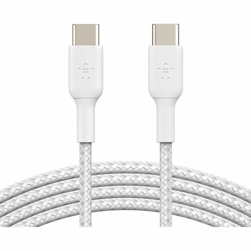 Braided white USB-C to USB-C cable by Belkin, 1m long, designed for fast charging and data transfer between devices.