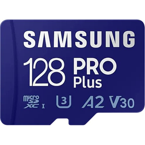 Samsung PRO PLUS Micro SD Card (128GB) with adapter, offering up to 180MB/s read speed and durable performance for mobile devices.