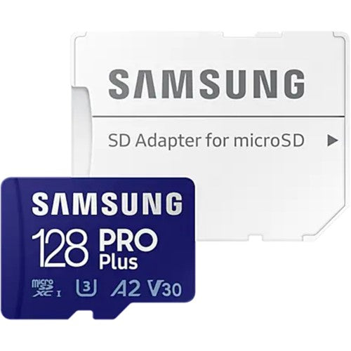 Samsung 128GB PRO PLUS Micro SD Card with adapter, featuring 180MB/s read and 130MB/s write speeds for reliable high-performance storage.