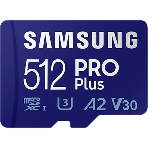 Samsung PRO PLUS 512GB Micro SD Card with adapter, offering high speed 180MB/s read and 130MB/s write, ideal for mobile use.