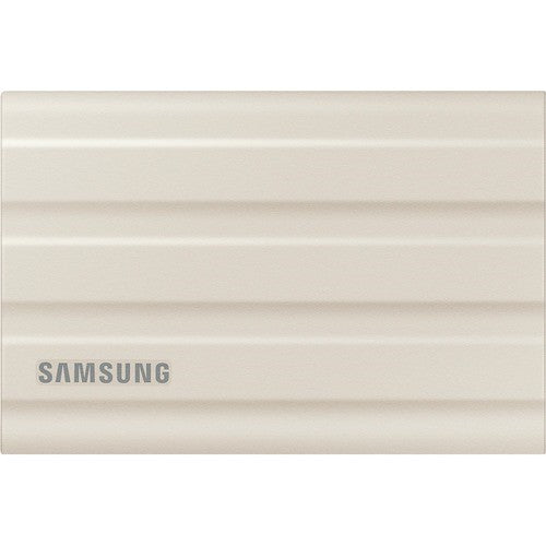 Samsung T7 1TB Portable SSD in Moonrock Beige, featuring rugged design, 1050 MB/s speeds, and water/dust resistance.