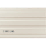 Samsung T7 1TB Portable SSD in Moonrock Beige, featuring rugged design, 1050 MB/s speeds, and water/dust resistance.